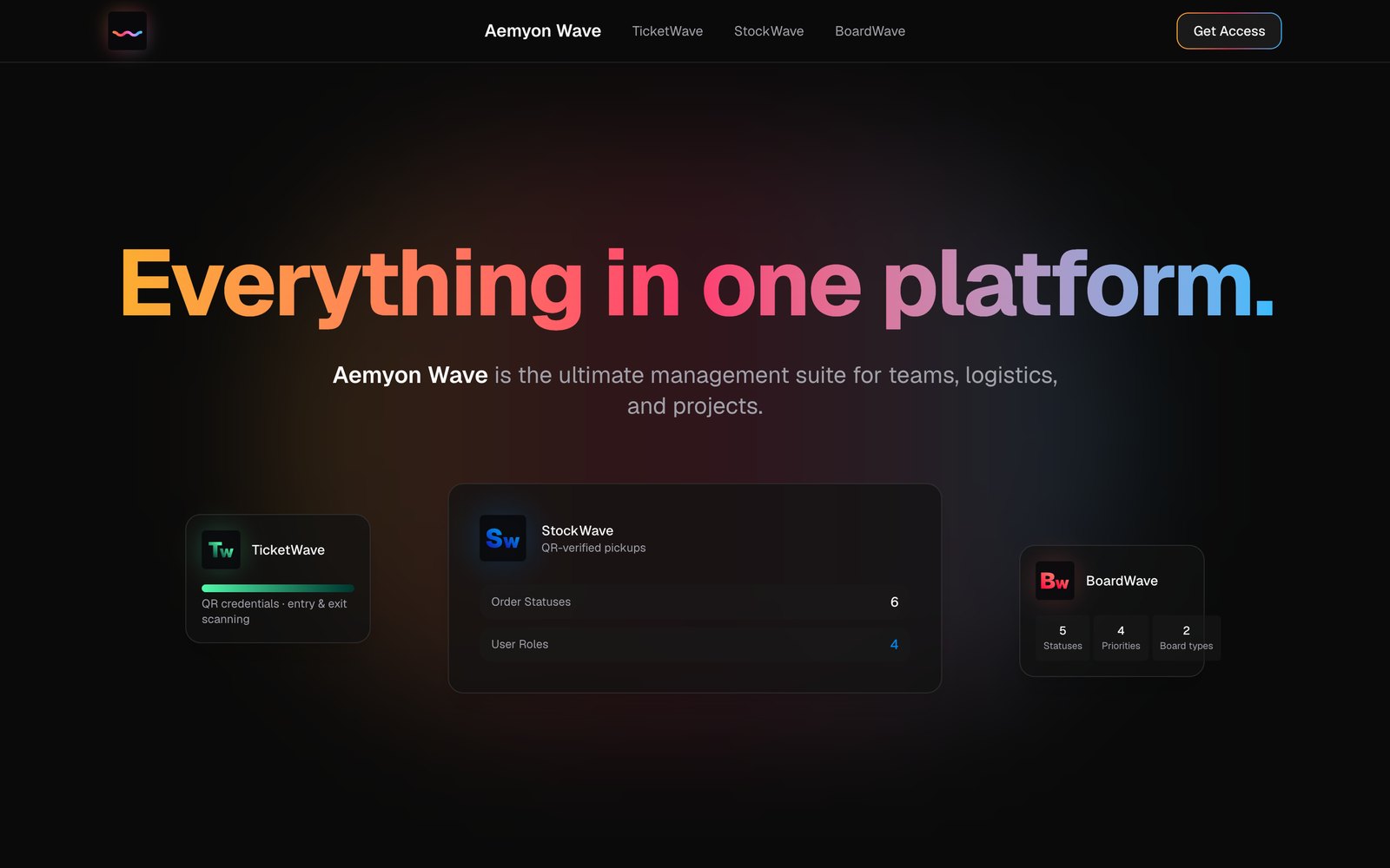 The Aemyon Wave landing page headline: Everything in one platform